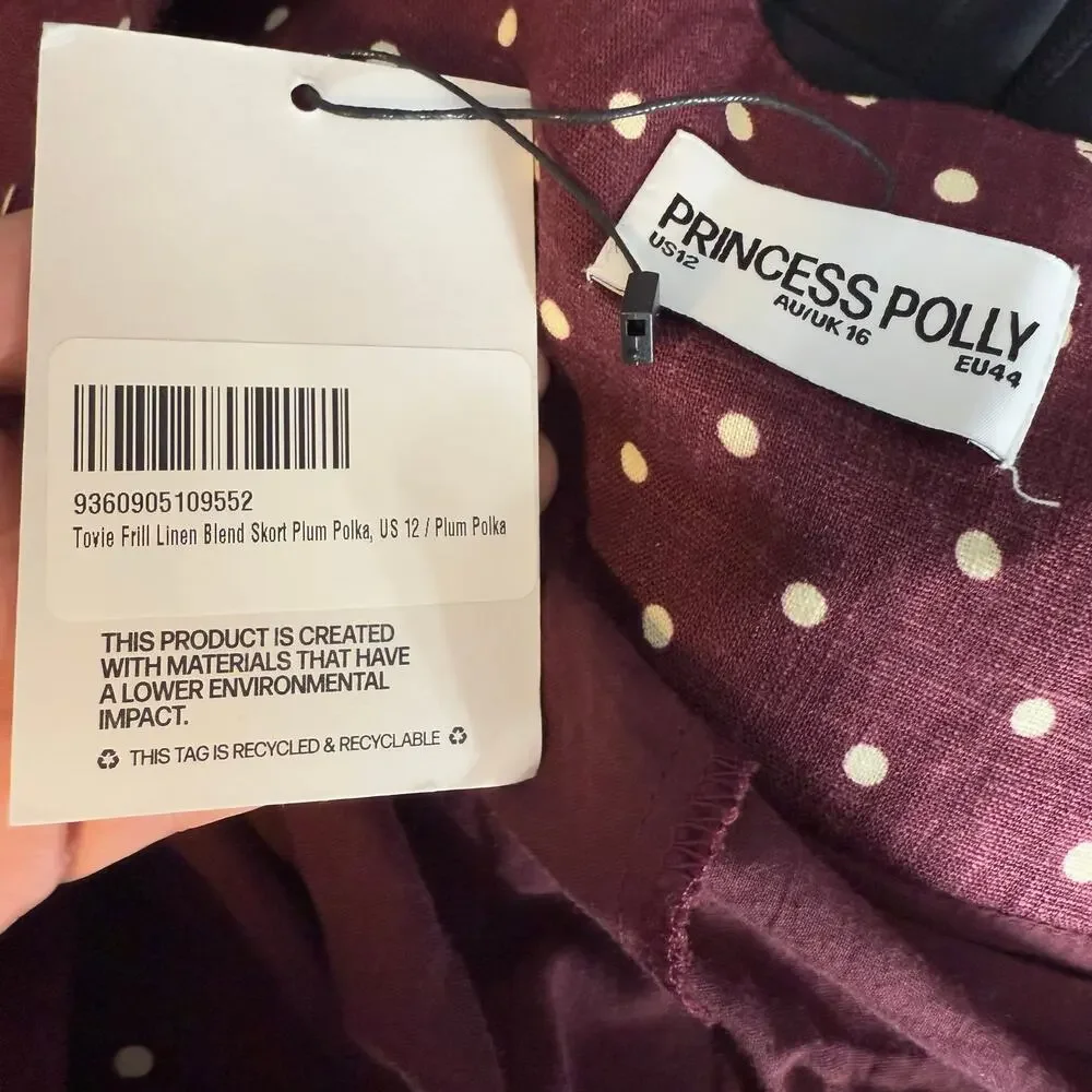 Princess Polly Tovie Frill Linen Blend Skort Plum Polka, US 12